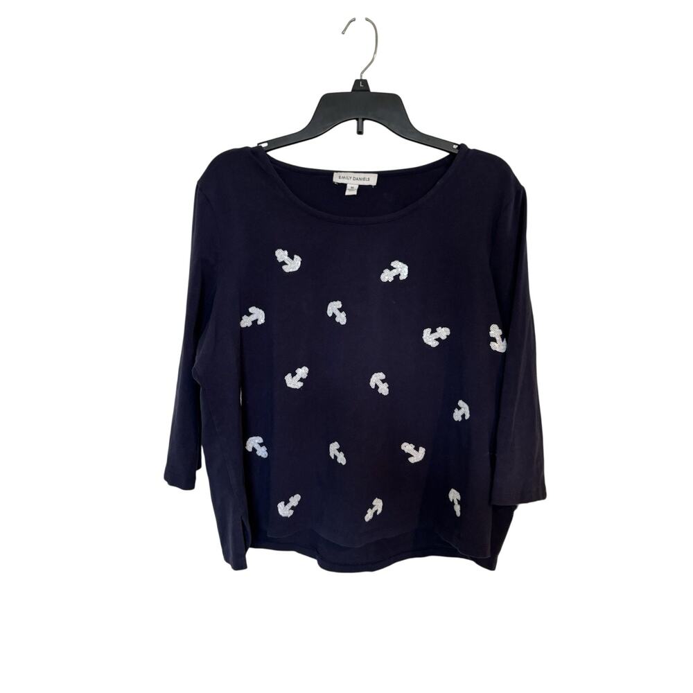 Navy Sequined Anchor Bateau Top XL 3/4 Sleeve Coastal Nautical Vacation Beach